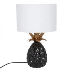 Maisons Du Monde Lampes à Poser Lampe Ananas En Céramique Noire Et Métal Doré, Et Abat-jour En Lin Blanc
