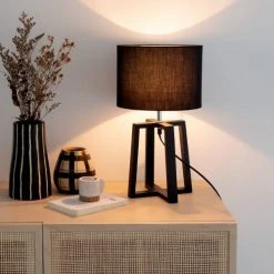 Maisons Du Monde Lampes à Poser Lampe En Bois D'hévéa Et Abat-jour En Coton Noir -Luminaires Ventes lampe en bois d hevea et abat jour en coton noir 1000 0 28 229177 4