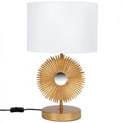 Maisons Du Monde Lampes à Poser Lampe En Métal Doré Soleil Sculpté Et Abat-jour Blanc En Coton Et Lin Recyclés