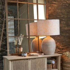 Maisons Du Monde Lampes à Poser Lampe En Terre Cuite Sculptée, Bois De Manguier Et Abat-jour En Lin Imprimé -Luminaires Ventes lampe en terre cuite sculptee bois de manguier et abat jour en lin imprime 1000 8 14 221127 4