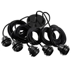 Hoopzi Suspensions Suspension 5 Fils électriques En Tissu Ficelle 3,5m Douille Noire -Luminaires Ventes suspension 5 fils electriques en tissu noir 3 5m douille noire 2