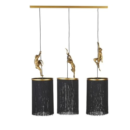 Maisons Du Monde Suspensions Suspension En Métal Doré Et 3 Abat-jours En Franges Noir Ornés De Sculptures De Singes D98 3 Maisons Du Monde Suspensions Suspension En Métal Doré Et 3 Abat-jours En Franges Noir Ornés De Sculptures De Singes D98